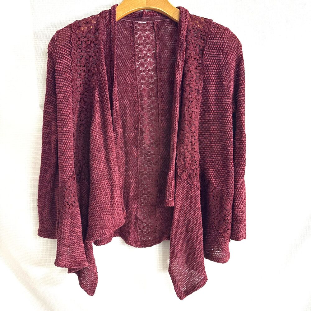 Womens LS burgundy open waterfall cardigan cover up - M - fairy cottagecore